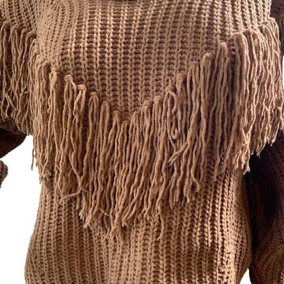 No Boundaries Brown Fringe Knit Crew Neck Long Sleeve Academia Sweater Size XL - Picture 3 of 14